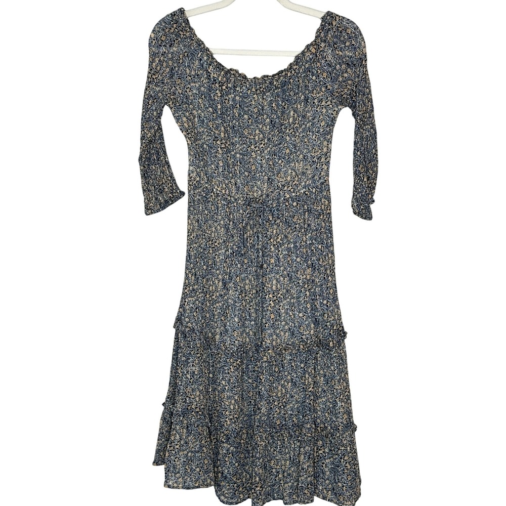 Anthropologie Kira Off Shoulder Floral Midi Dress Tiered Ruffle Waist Tie US 2